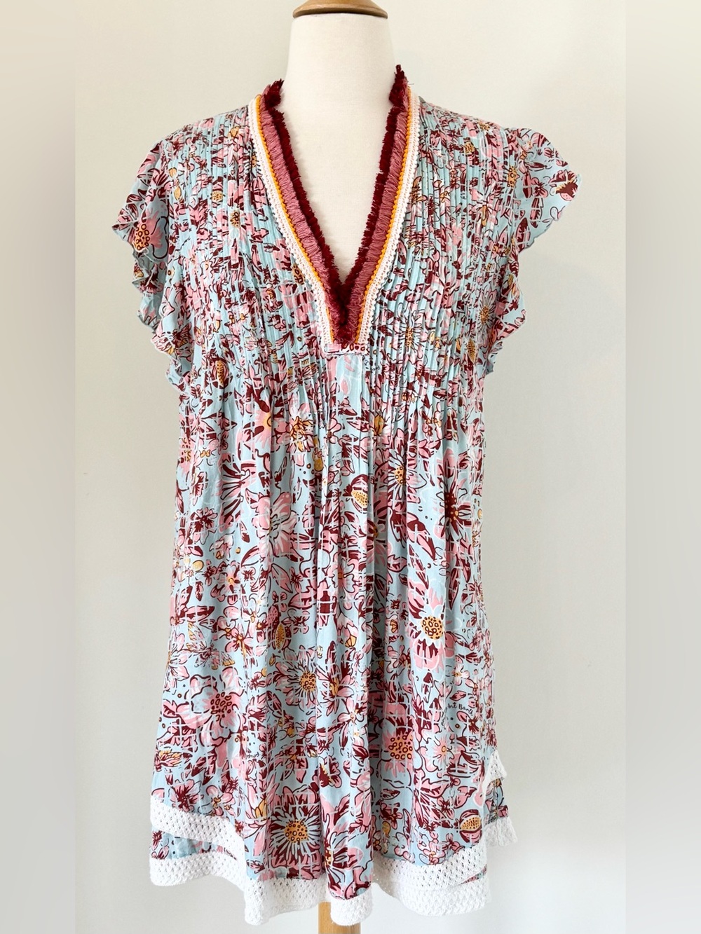 Poupette St Barth Blue Floral V-Neck Flutter Sleeve Fringe Shift Dress Sz S